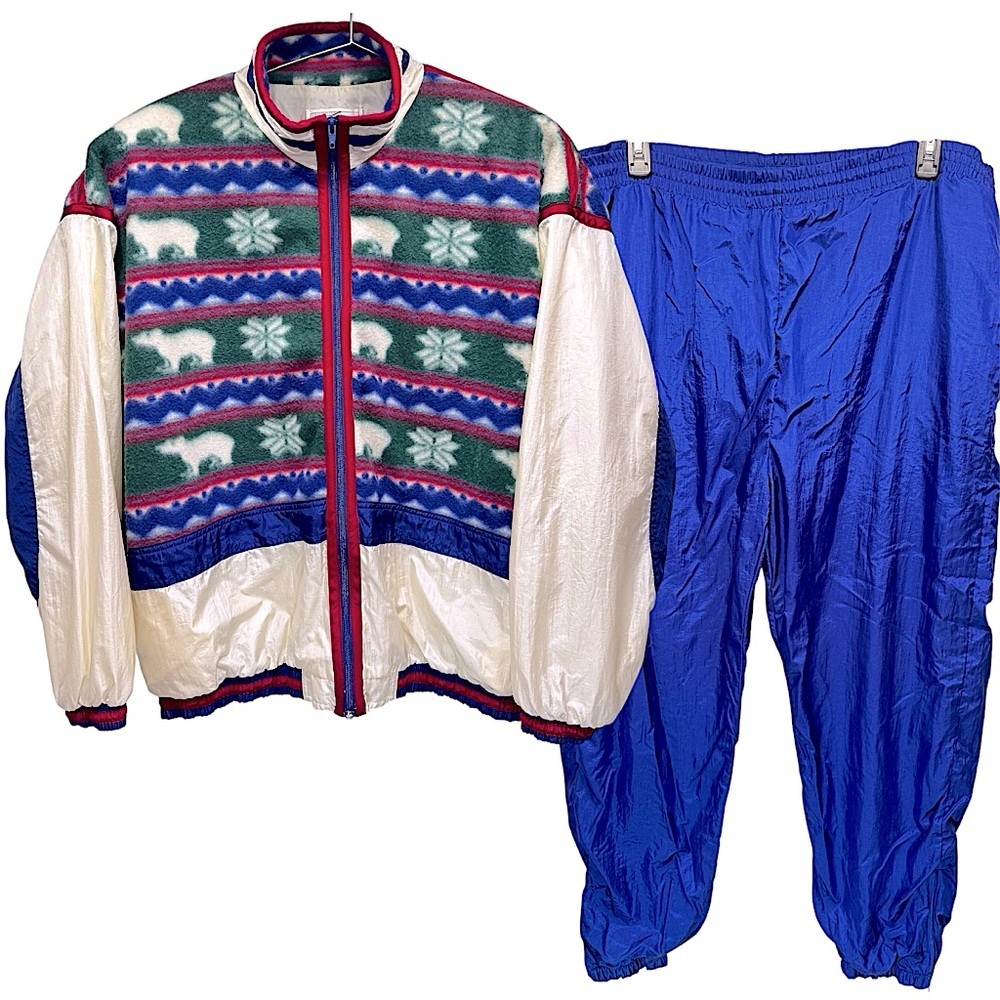 Vintage 80s Satin & Fleece Tracksuit Parachute Pants Oversized Jacket Streetwear